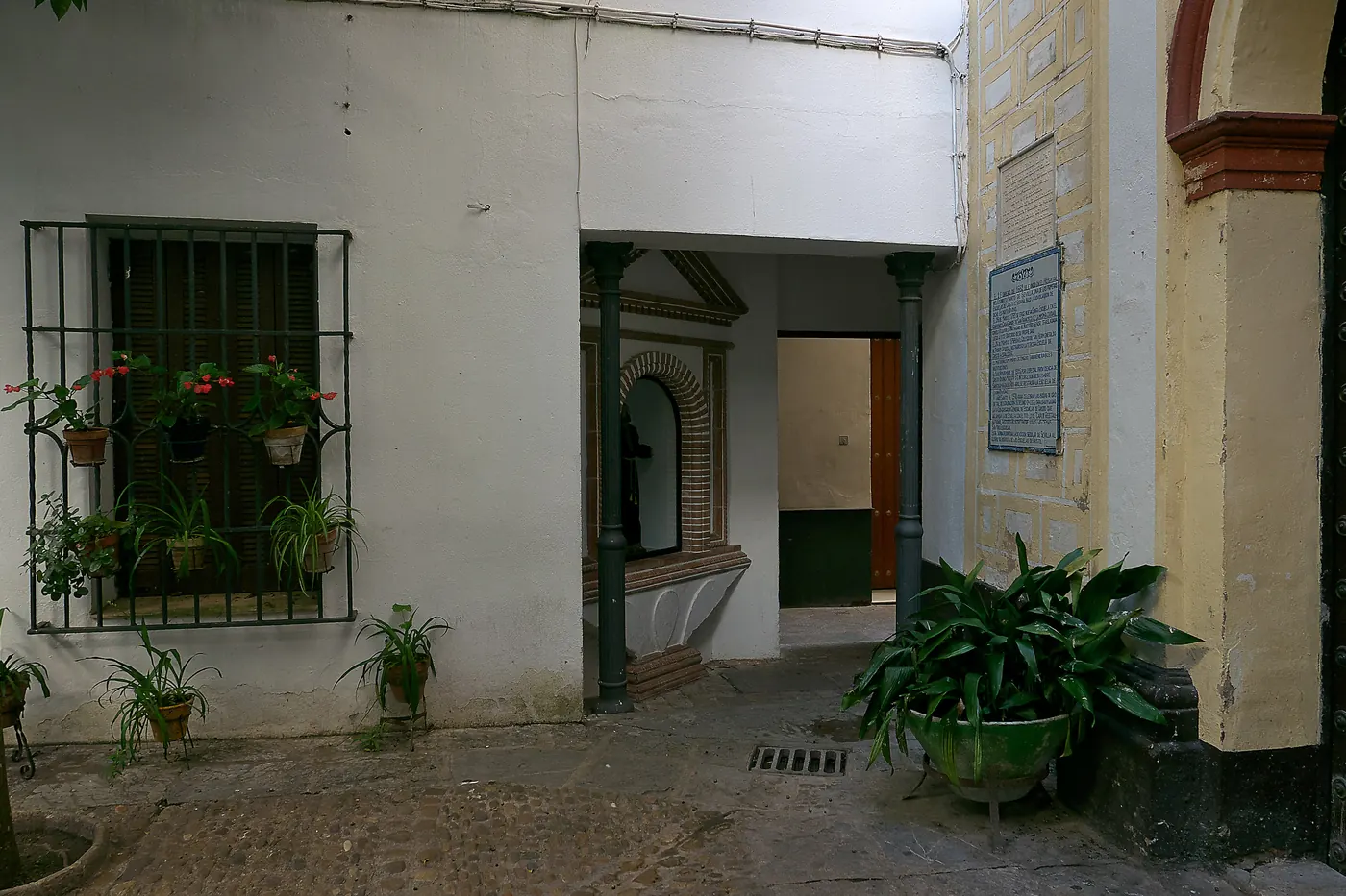 A whitewashed corner of the Barrio de Santa Cruz with a barred window full of flowerpots and a patio doorway
